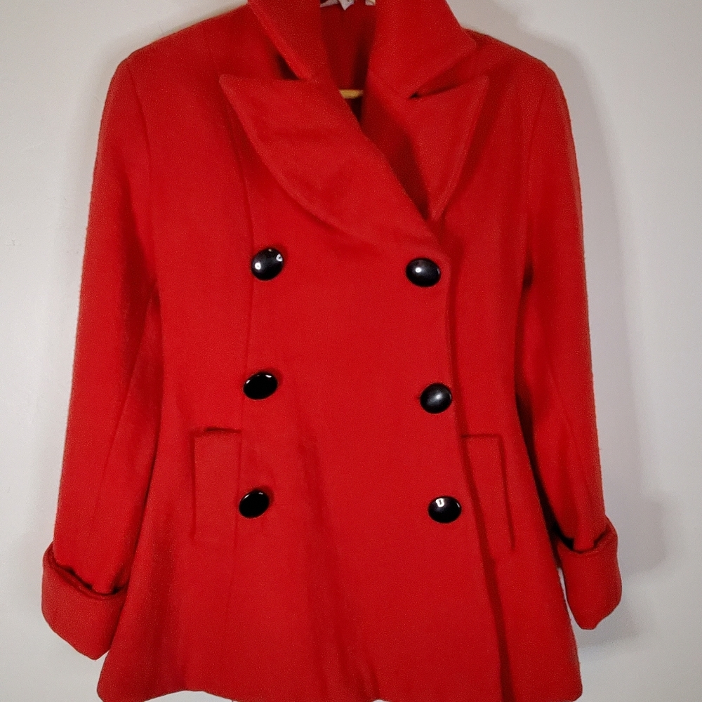 Red Mod 60s-style Wool Peacoat with Bold Black Buttons - Picture 14 of 16